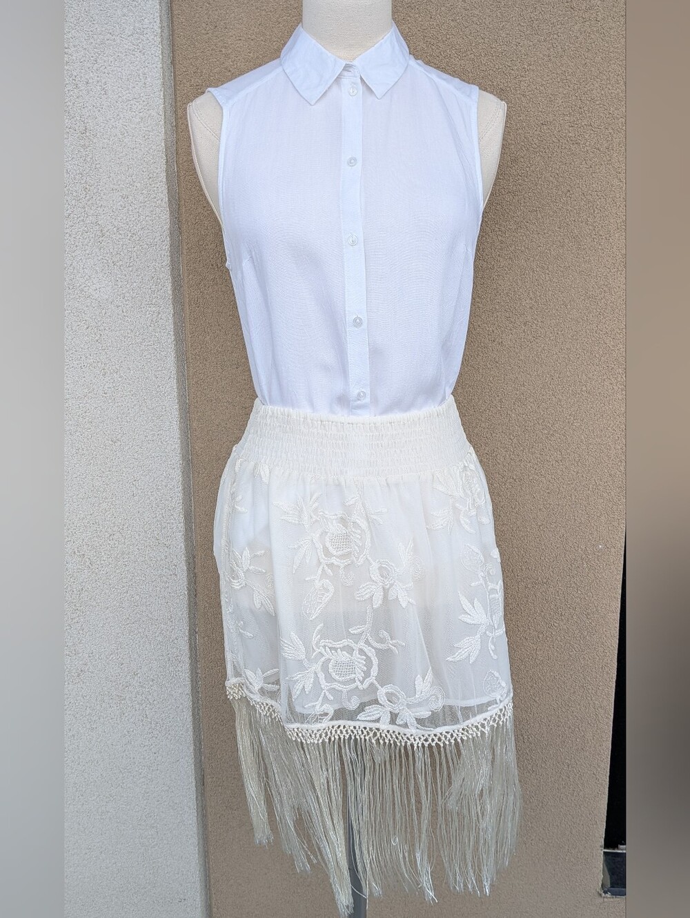 NWT Denim & Supply Ralph Lauren Cream Floral Embroidered Fringe Midi Skirt XS